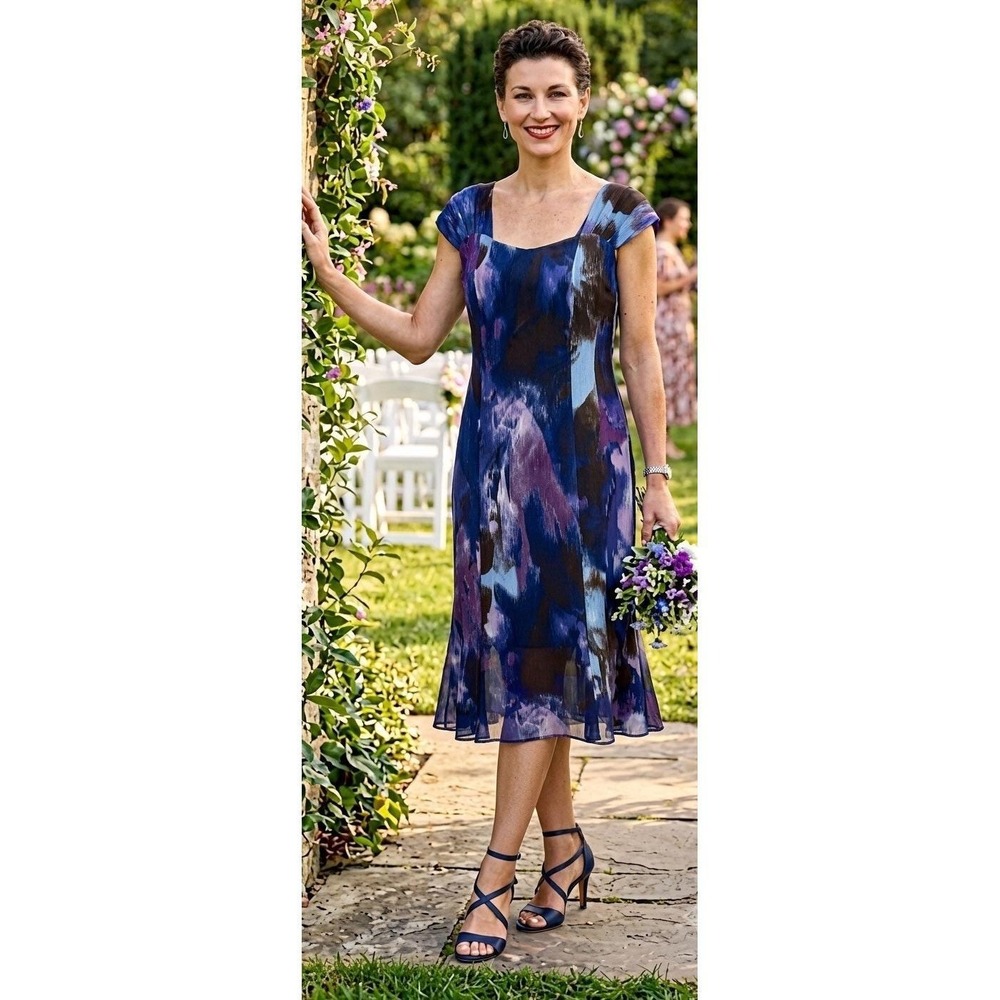 Dress Plisse Mesh  Artsy Watercolor Blue Purple Midi Square Neck Chiffon 12 Vtg